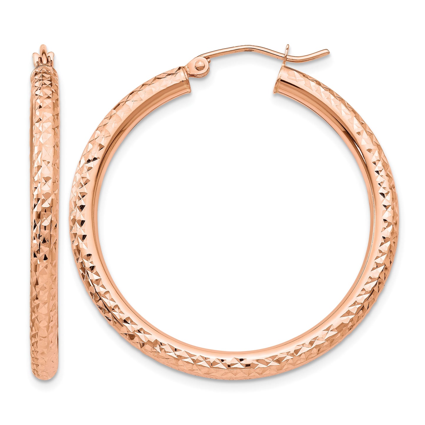 14k Rose Gold 3x35mm Diamond-cut Round Tube Hoop Earrings