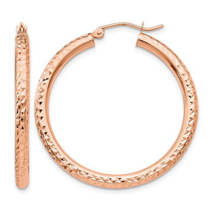 14k Rose Gold 3x35mm Diamond-cut Round Tube Hoop Earrings