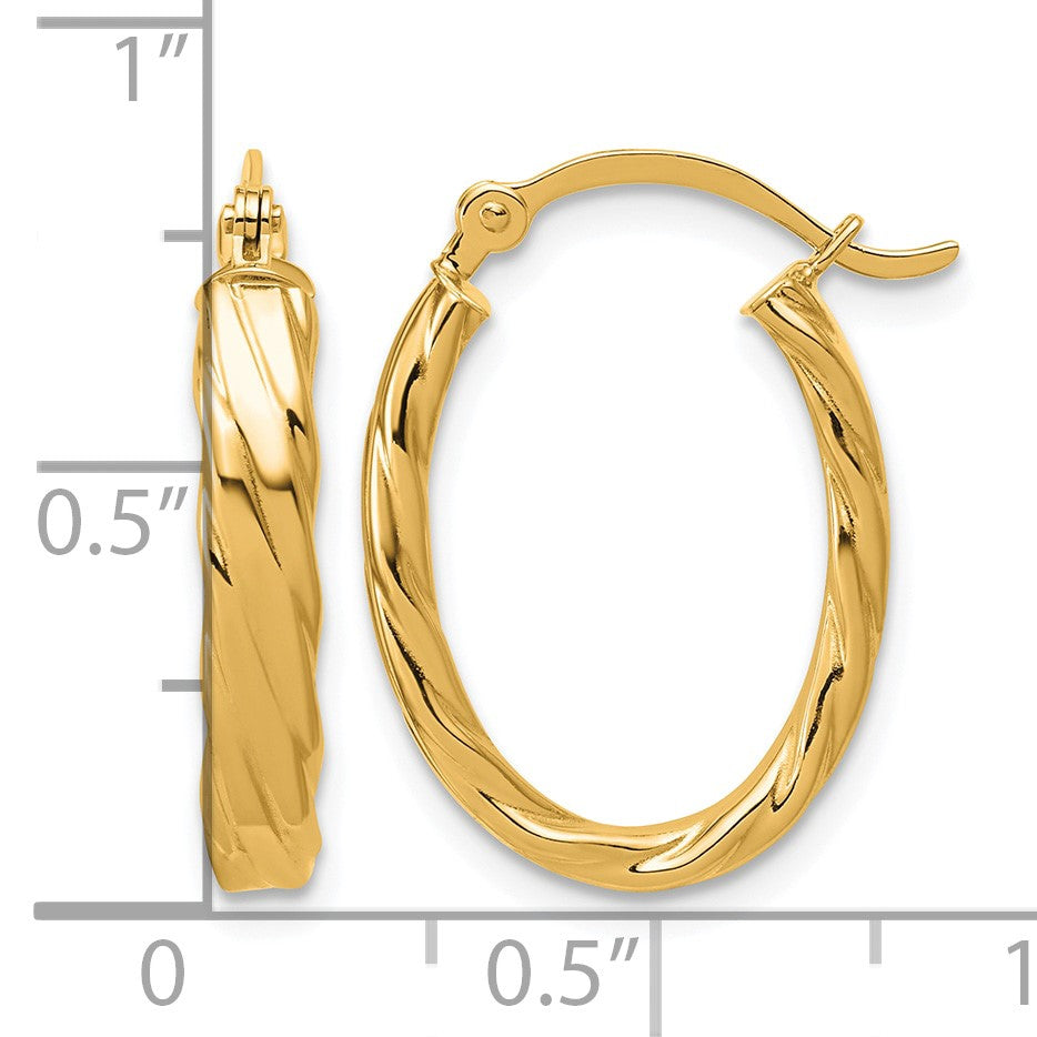14K 3mm Patterned Oval Hoop Earrings