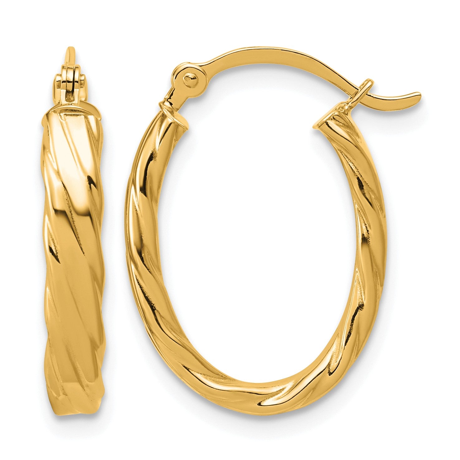 14K 3mm Patterned Oval Hoop Earrings