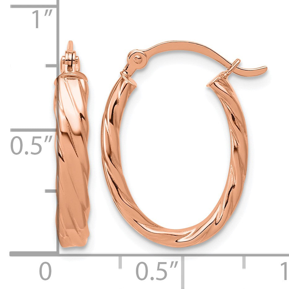 14K Rose Gold 3mm Patterned Oval Hoop Earrings