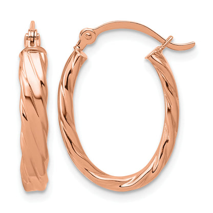 14K Rose Gold 3mm Patterned Oval Hoop Earrings