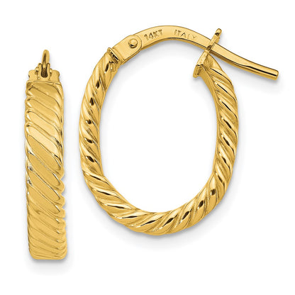 14K 3mm Patterned Oval Hoop Earrings