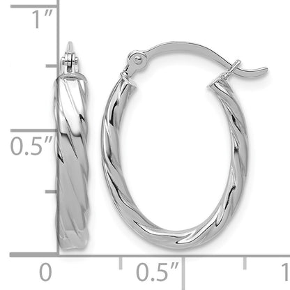 14K White Gold 3mm Patterned Oval Hoop Earrings