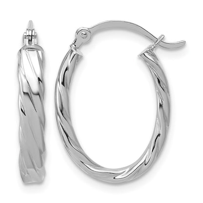 14K White Gold 3mm Patterned Oval Hoop Earrings