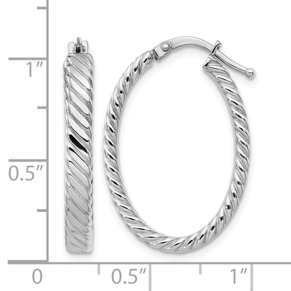 14K White Gold Large 3mm Patterned Oval Hoop Earrings