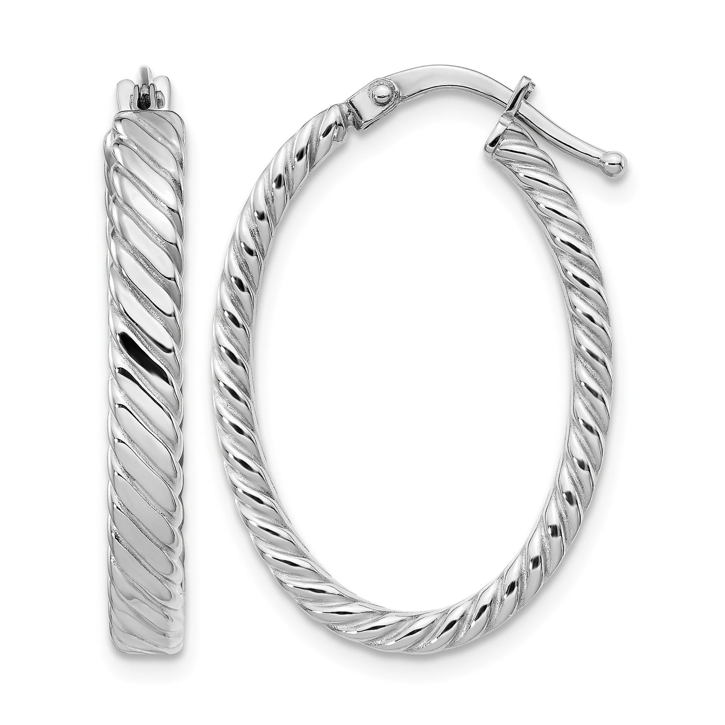 14K White Gold Large 3mm Patterned Oval Hoop Earrings