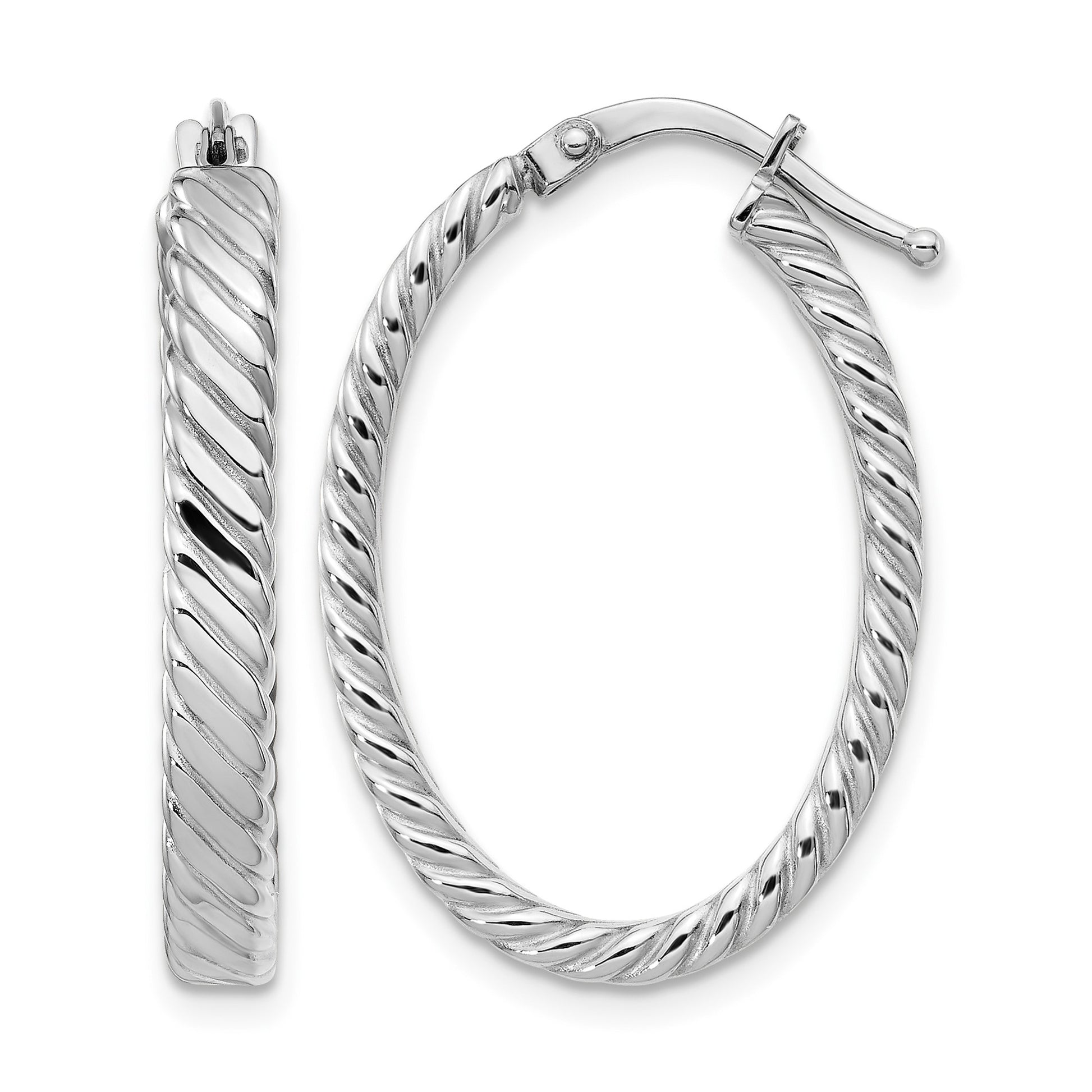 14K White Gold Large 3mm Patterned Oval Hoop Earrings