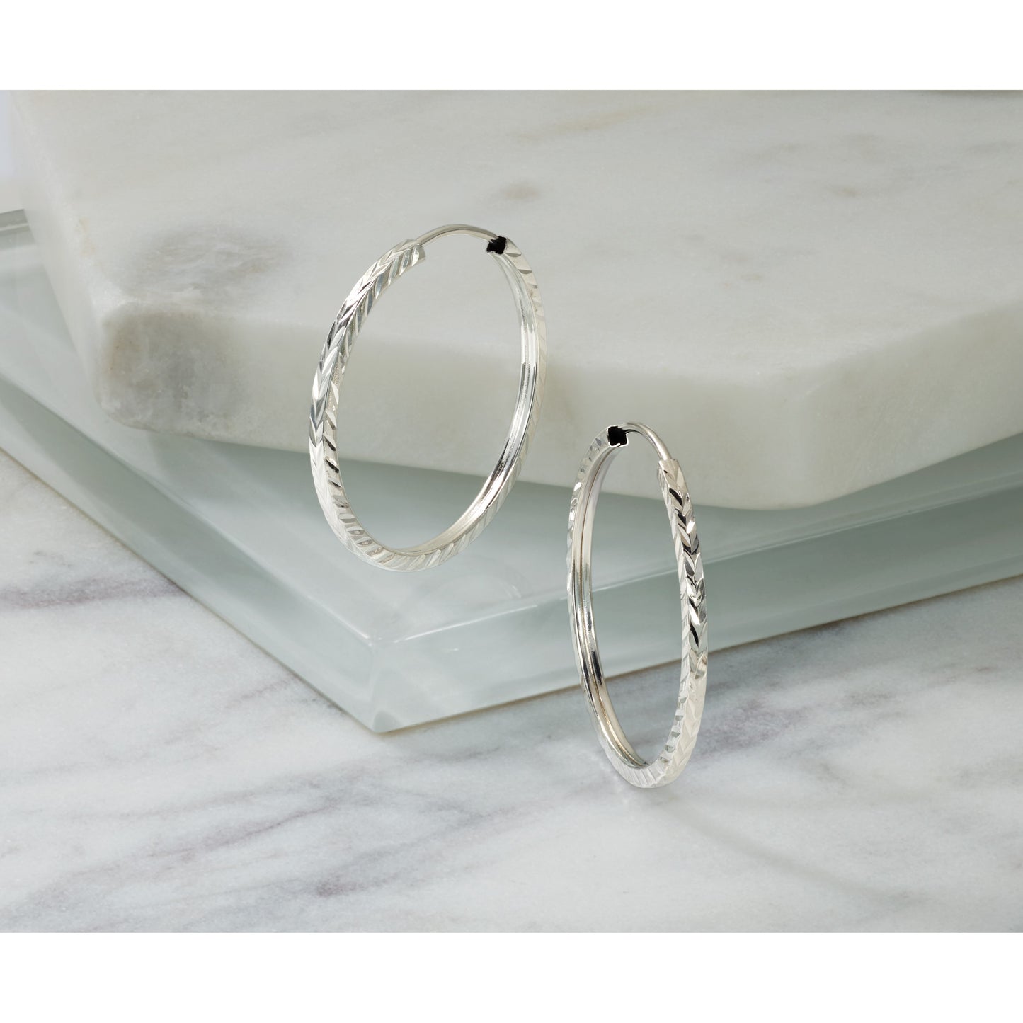 14k White Gold 1.35x25mm Diamond-cut Square-Tube Endless Hoop Earrings