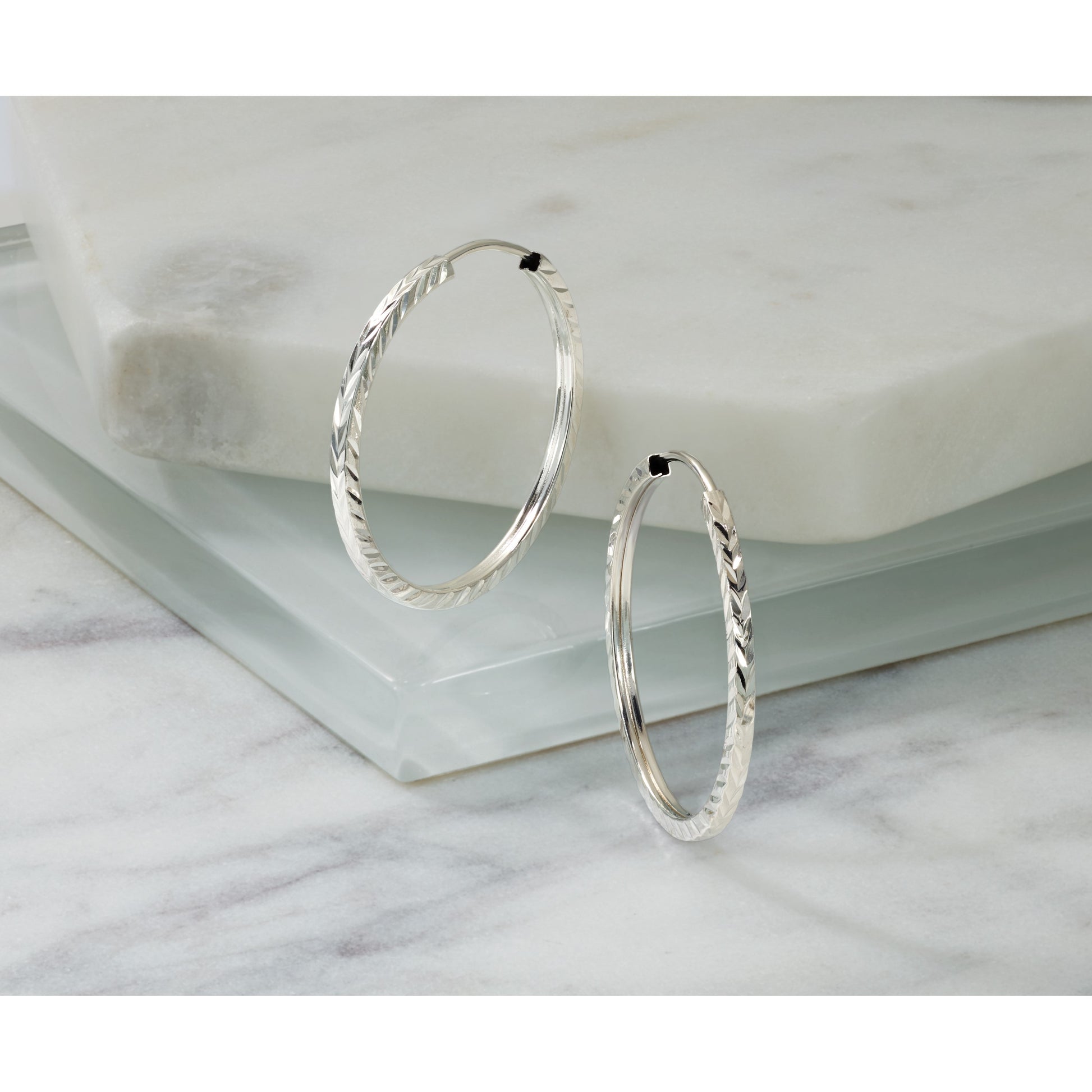 14k White Gold 1.35x25mm Diamond-cut Square-Tube Endless Hoop Earrings