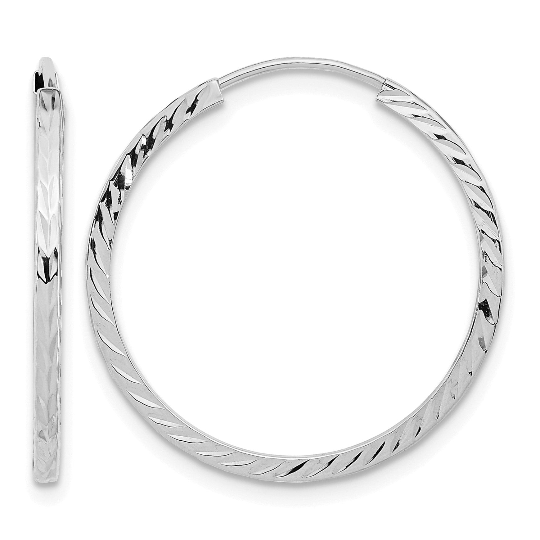 14k White Gold 1.35x25mm Diamond-cut Square-Tube Endless Hoop Earrings