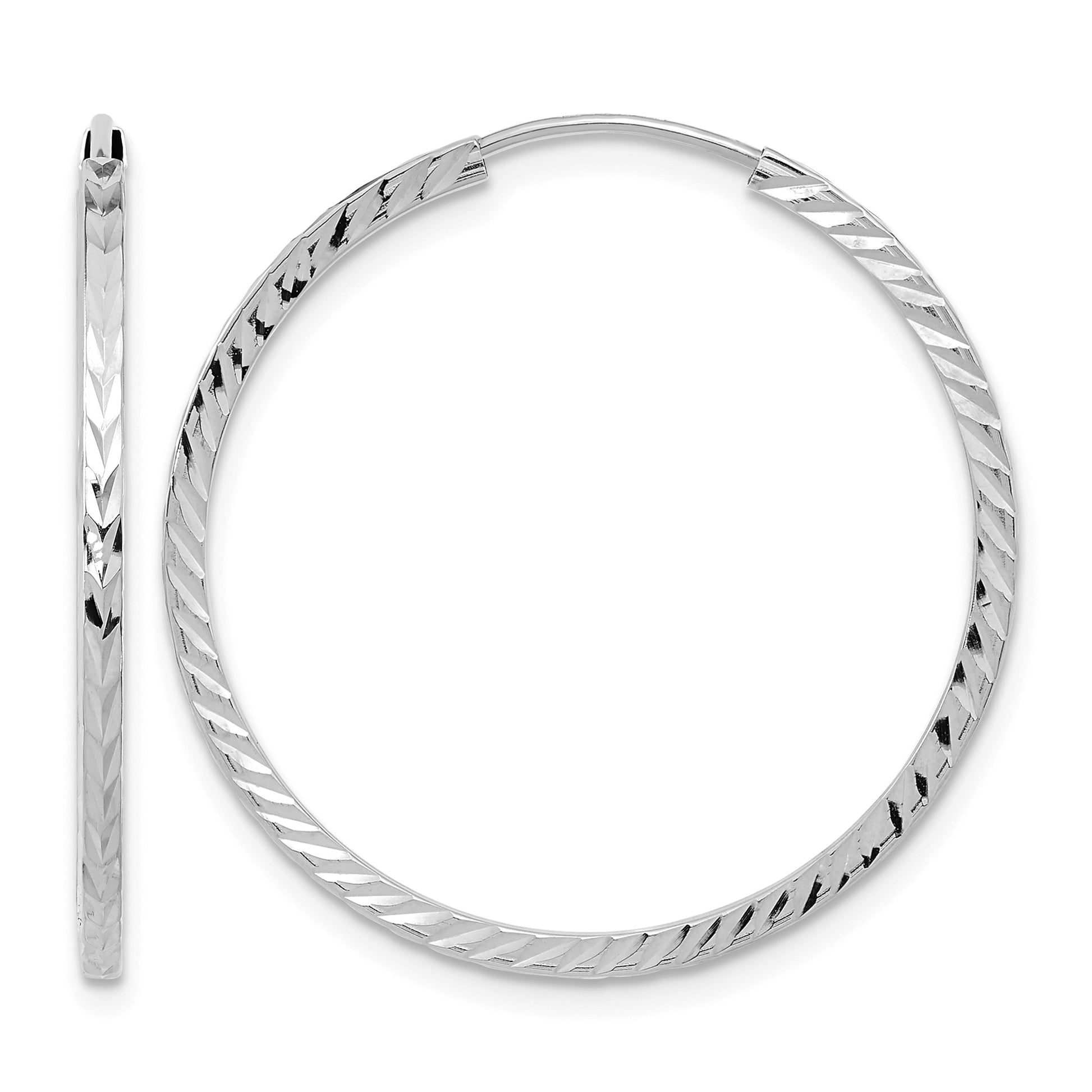 14k White Gold 1.35x30mm Diamond-cut Square-Tube Endless Hoop Earrings