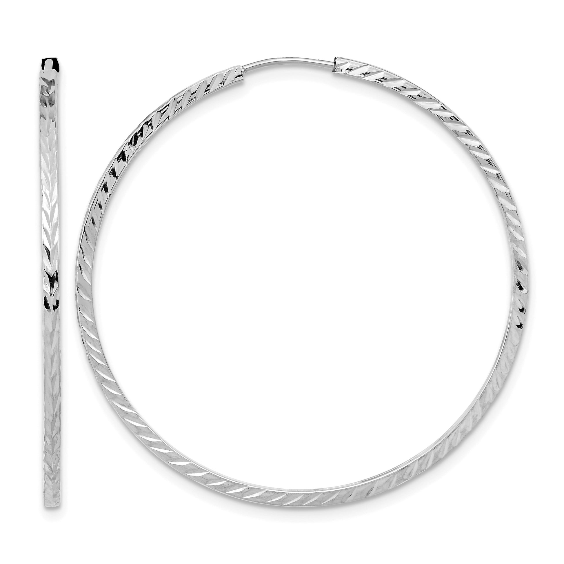 14k White Gold 1.35x40mm Diamond-cut Square-Tube Endless Hoop Earrings