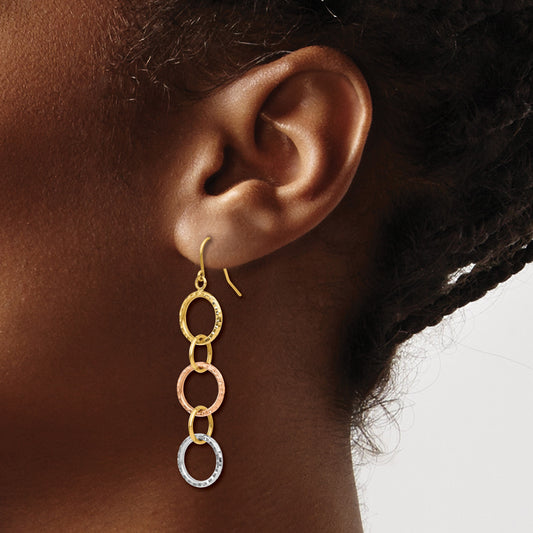 14k Tri-Color Diamond-Cut Circles Dangle French Hook Earrings