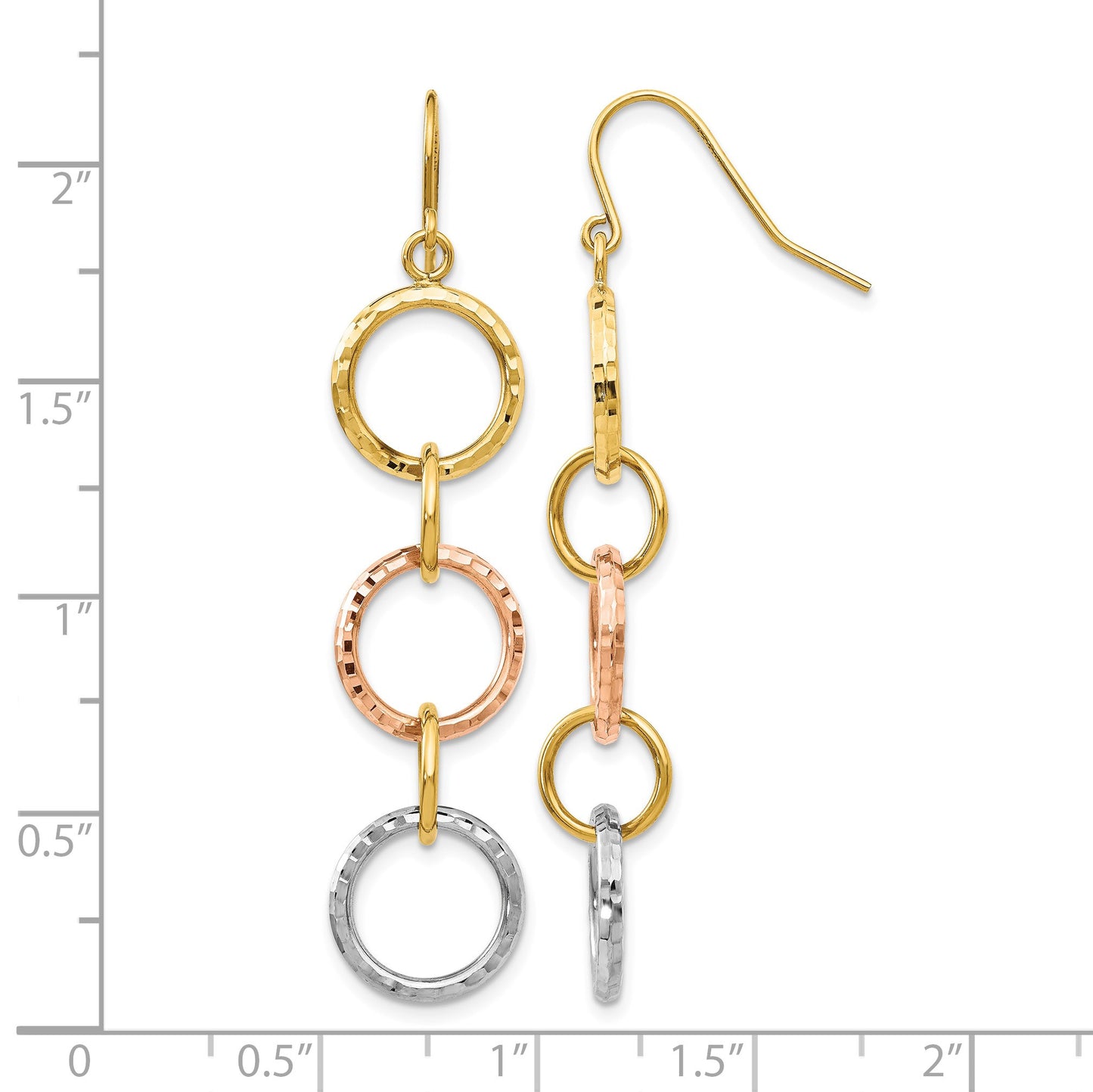 14k Tri-Color Diamond-Cut Circles Dangle French Hook Earrings