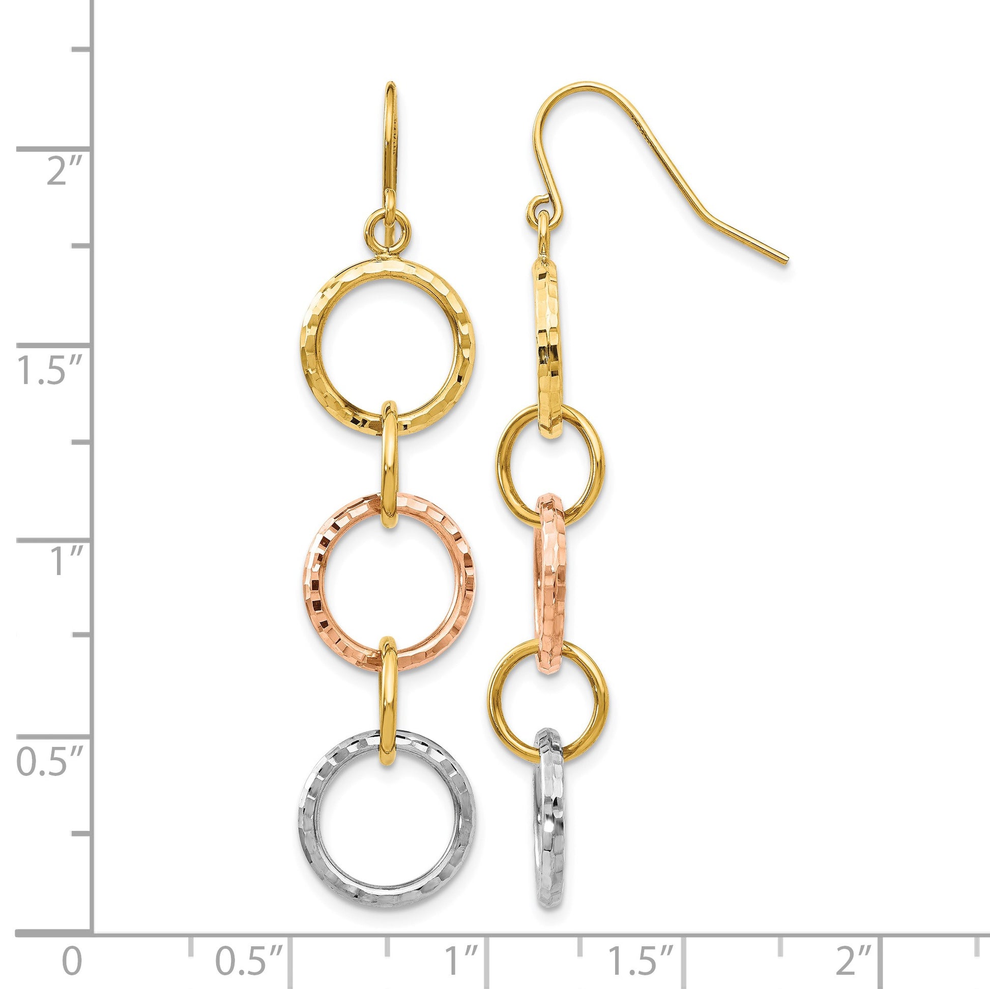 14k Tri-Color Diamond-Cut Circles Dangle French Hook Earrings