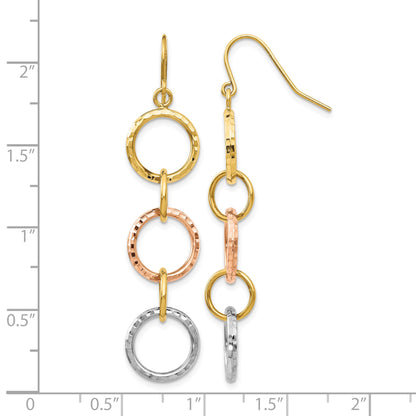 14k Tri-Color Diamond-Cut Circles Dangle French Hook Earrings