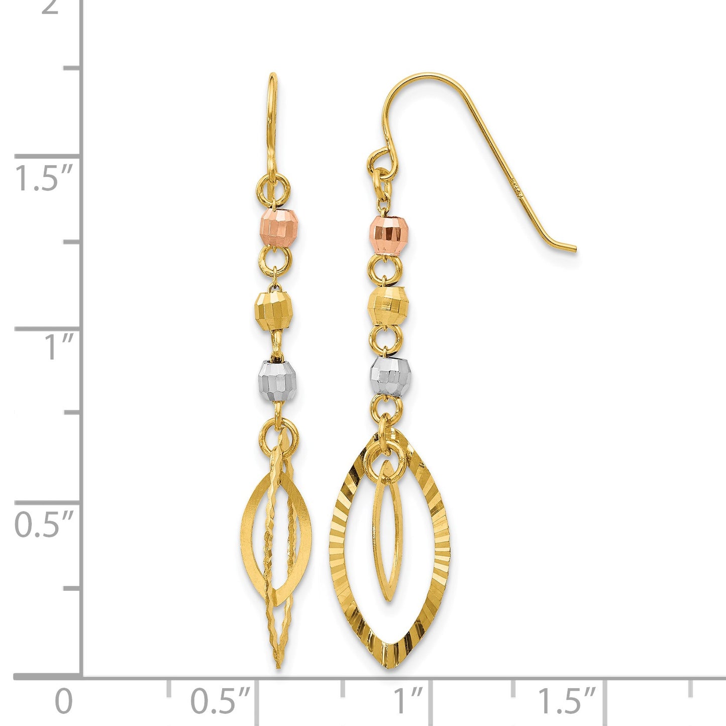 14K Tri-Color Diamond-cut Bead Oval Dangle French Hook Earrings