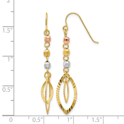 14K Tri-Color Diamond-cut Bead Oval Dangle French Hook Earrings