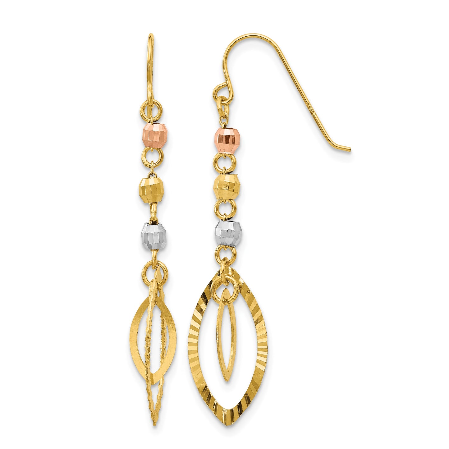 14K Tri-Color Diamond-cut Bead Oval Dangle French Hook Earrings