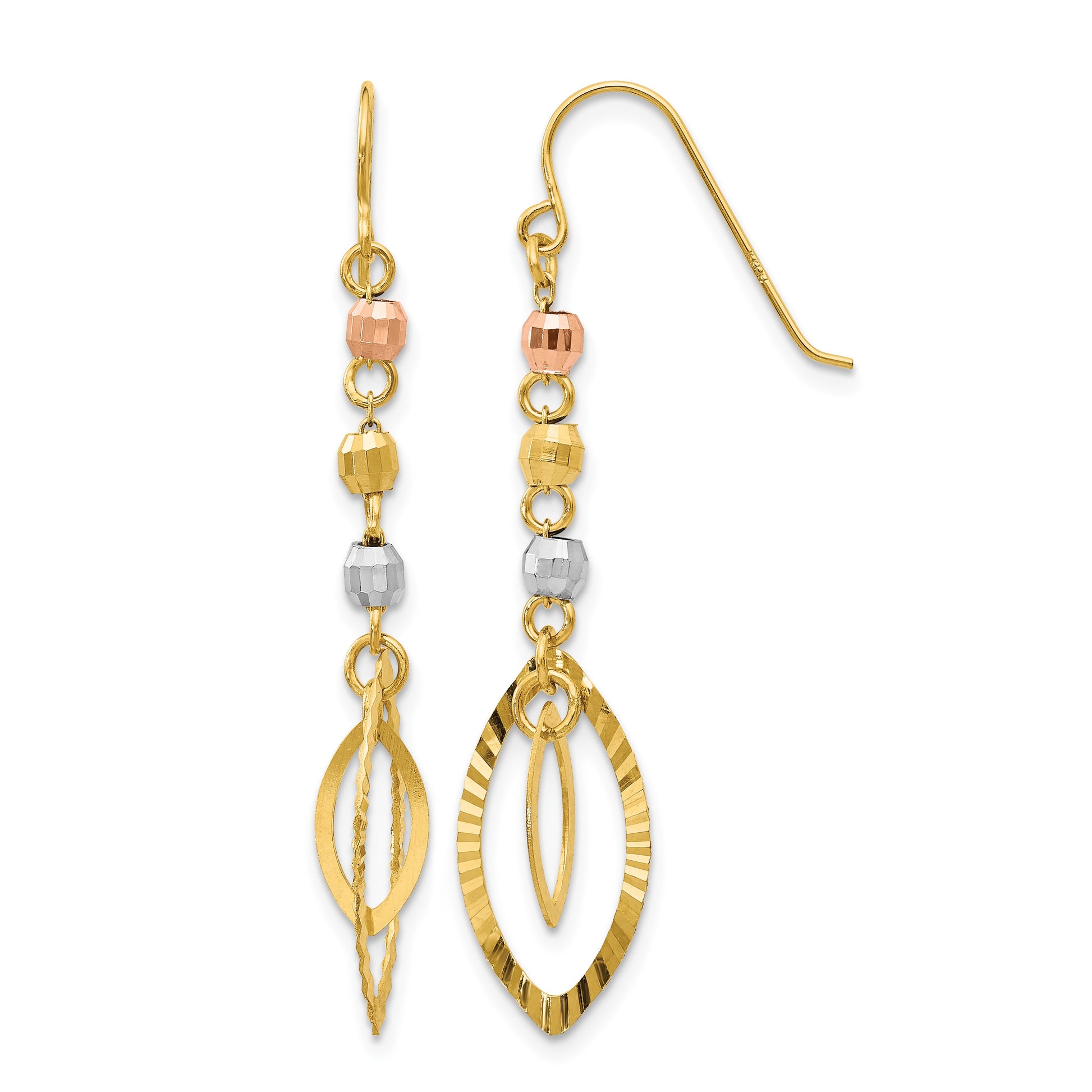 14K Tri-Color Diamond-cut Bead Oval Dangle French Hook Earrings