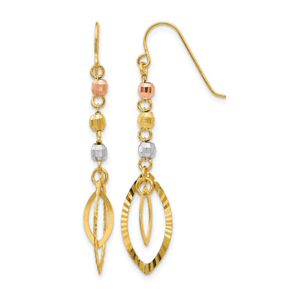 14K Tri-Color Diamond-cut Bead Oval Dangle French Hook Earrings