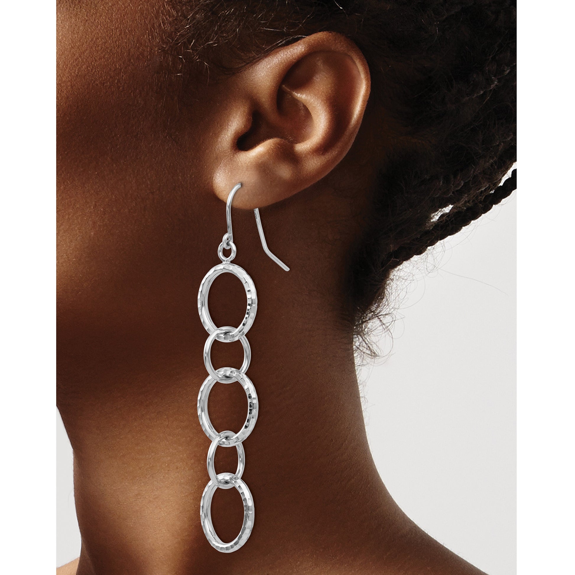 14k White Gold Diamond-cut Circles Dangle French Hook Earrings