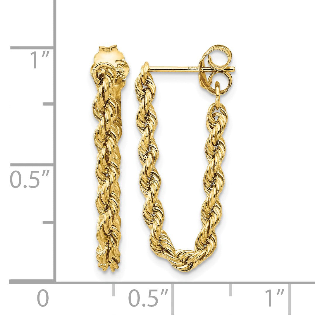 14K Polished 2.5mm Hollow Rope Chain Dangle Post Earrings