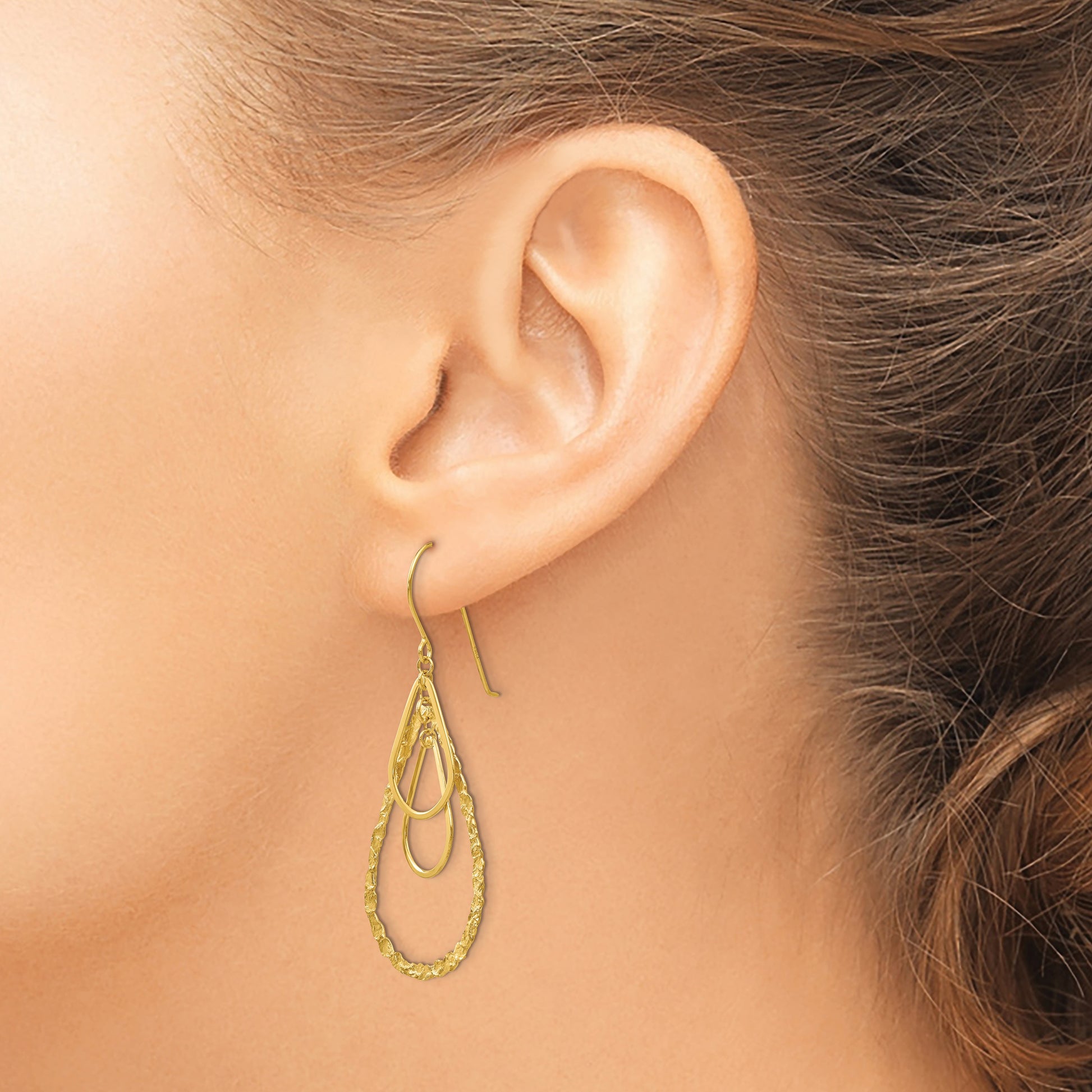 14K Polished and Textured Teardrops Dangle French Hook Earrings