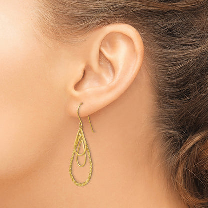 14K Polished and Textured Teardrops Dangle French Hook Earrings