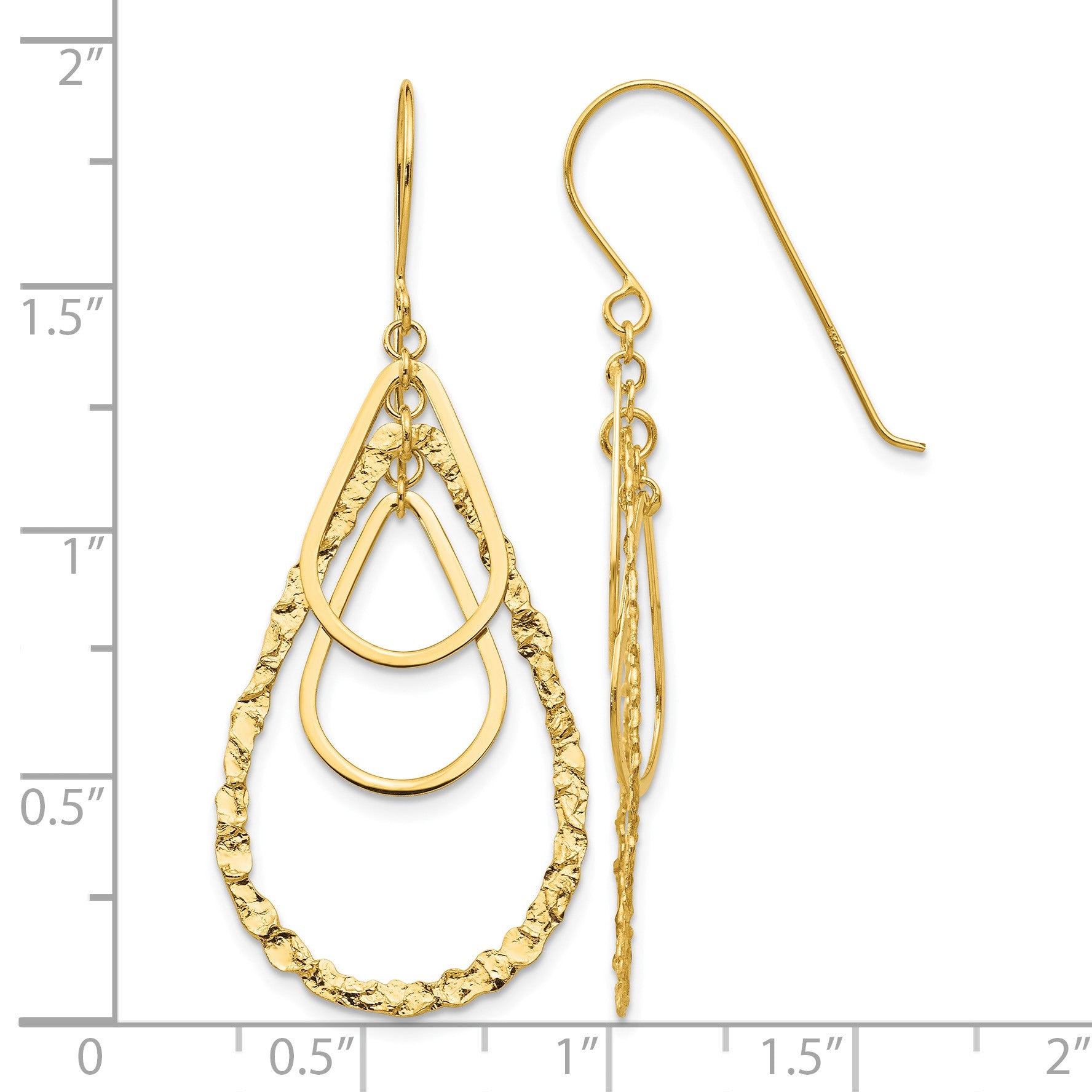 14K Polished and Textured Teardrops Dangle French Hook Earrings