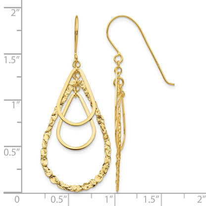 14K Polished and Textured Teardrops Dangle French Hook Earrings