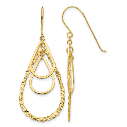 14K Polished and Textured Teardrops Dangle French Hook Earrings