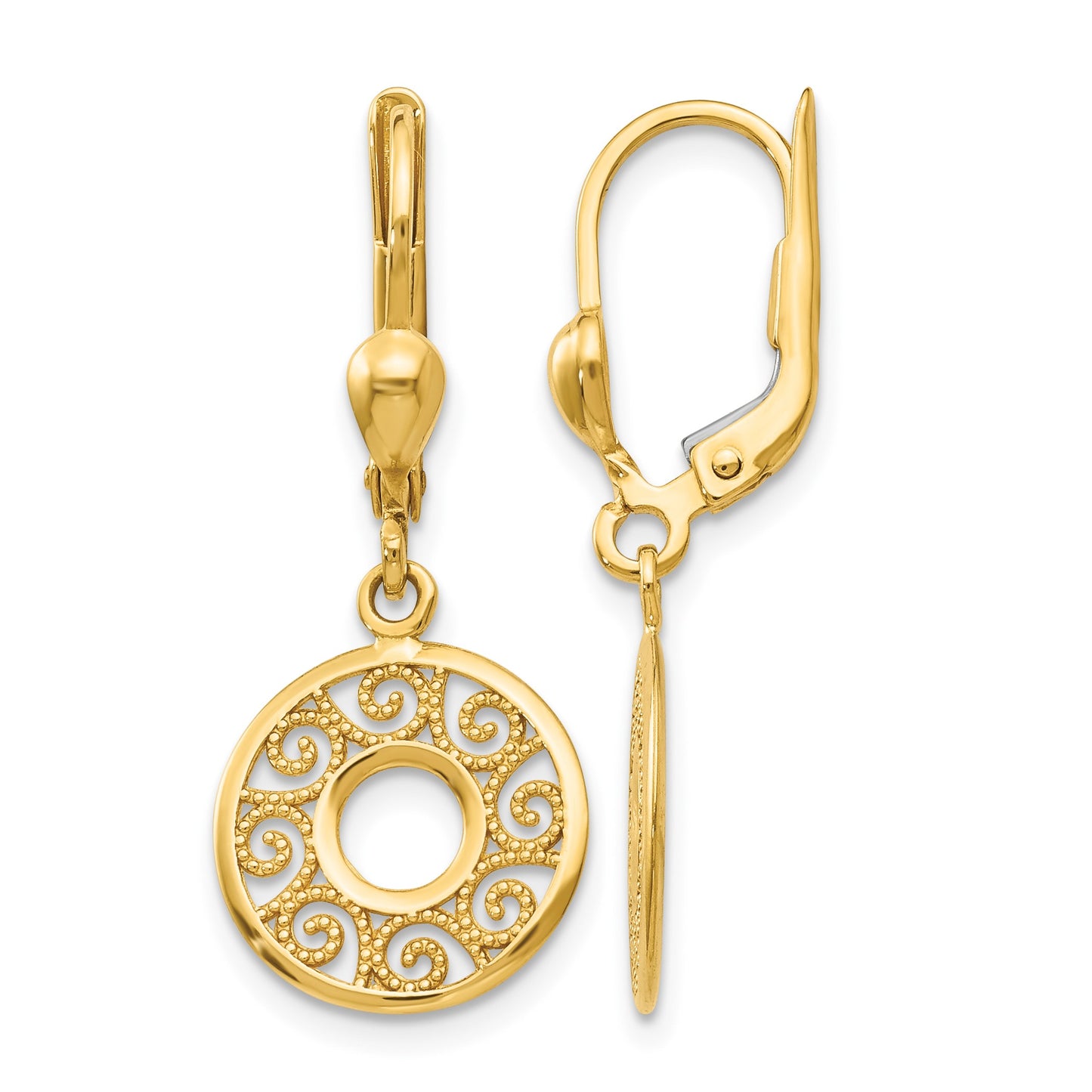 14k Filigree Circle Dangle Leverback Earrings
