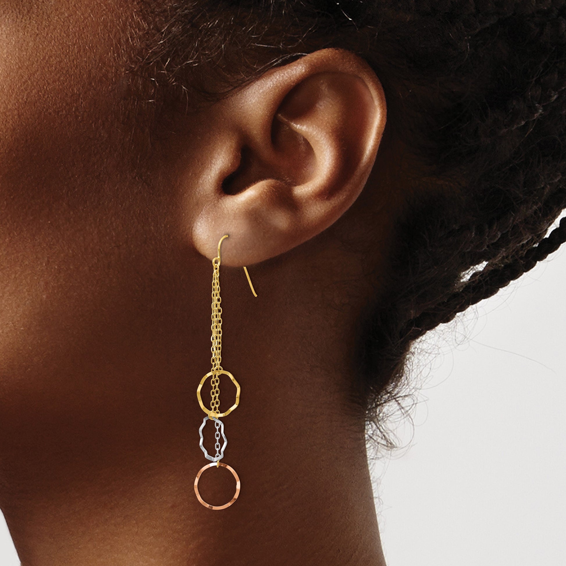 14K Tri-Color Faceted Circles and Chain Dangle French Hook Earrings