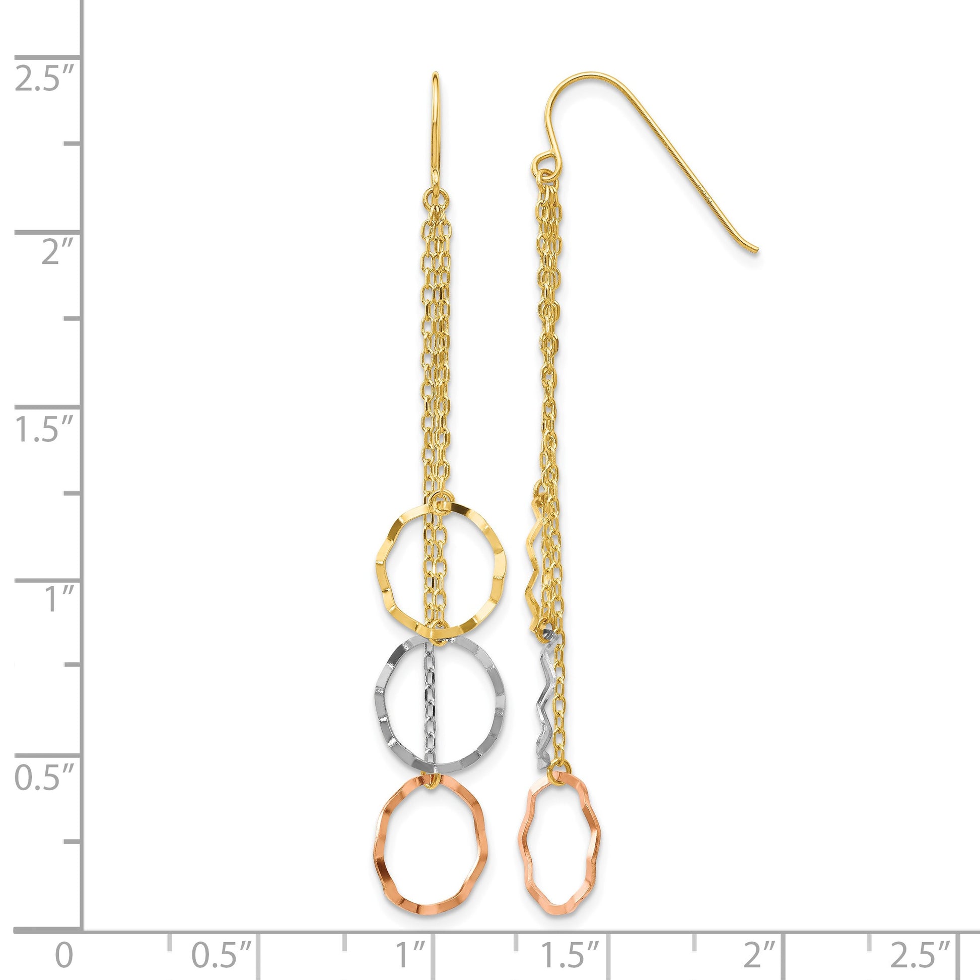 14K Tri-Color Faceted Circles and Chain Dangle French Hook Earrings
