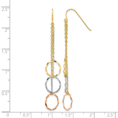 14K Tri-Color Faceted Circles and Chain Dangle French Hook Earrings