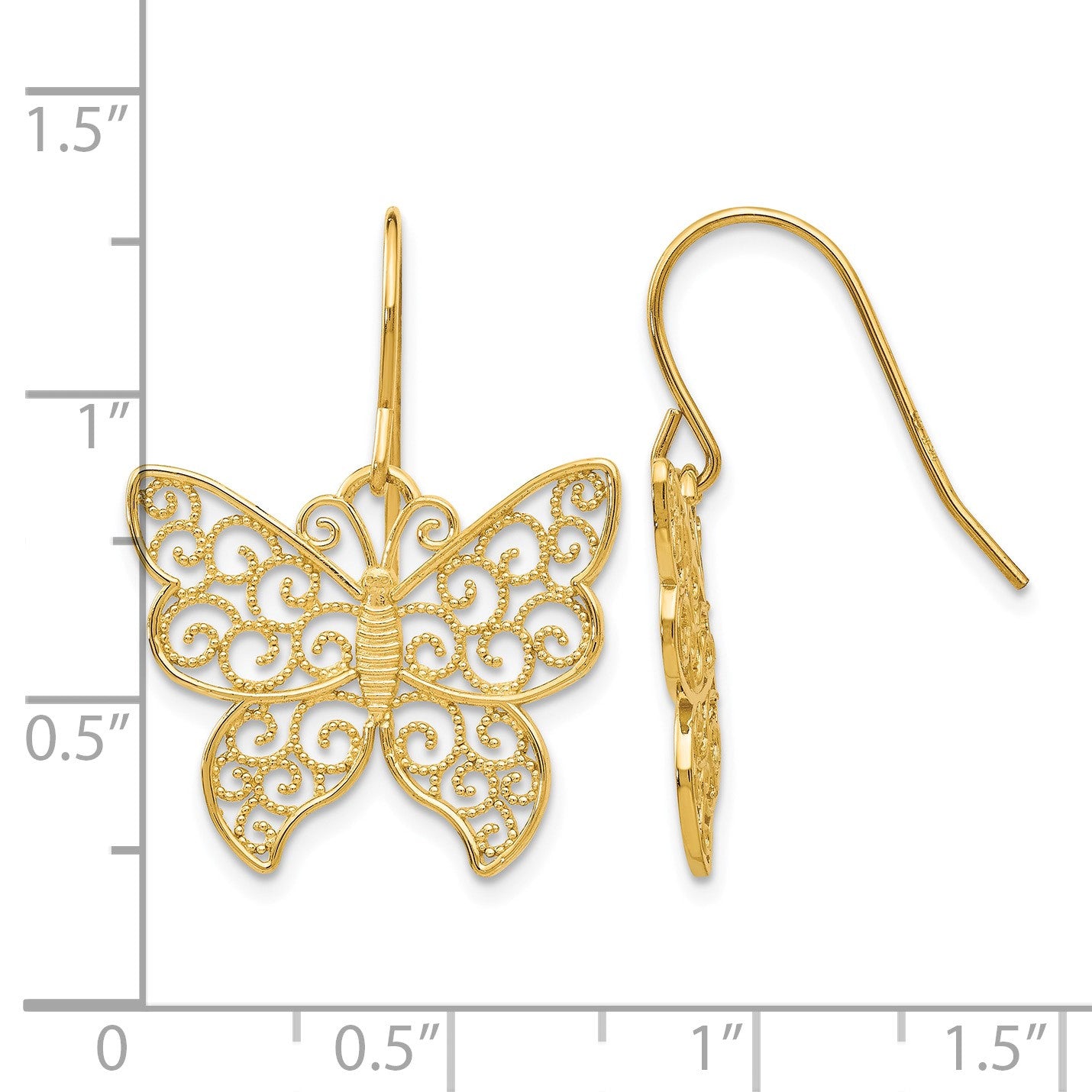 14K Large Filigree Butterfly Dangle French Hook Earrings