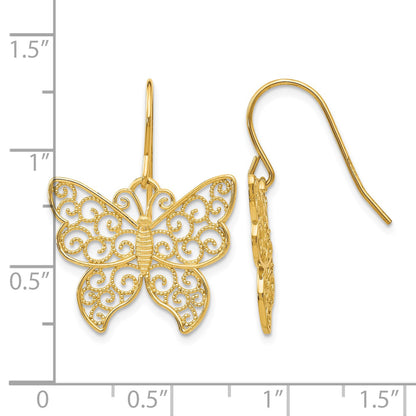 14K Large Filigree Butterfly Dangle French Hook Earrings