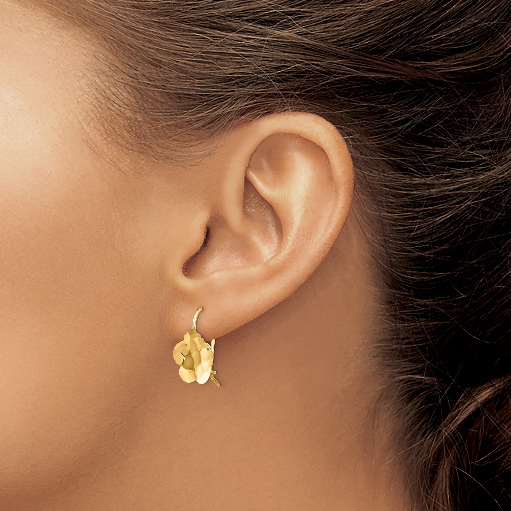 14k Concave Hammered 13mm Flower Disc Kidney Wire Earrings