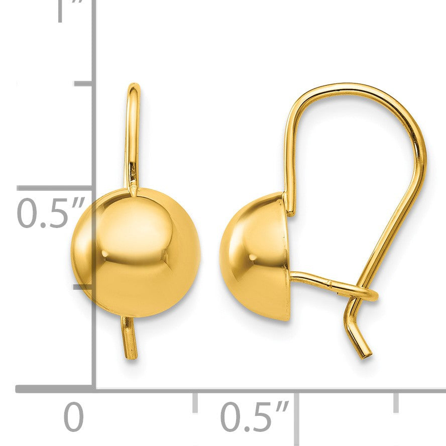 14k 8.00mm Hollow Half Ball Kidney Wire Earrings