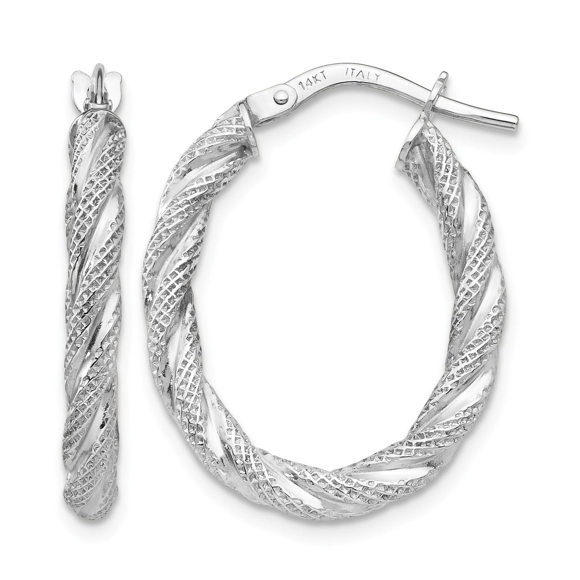 14K White Gold Twisted Textured Oval Hoop Earrings