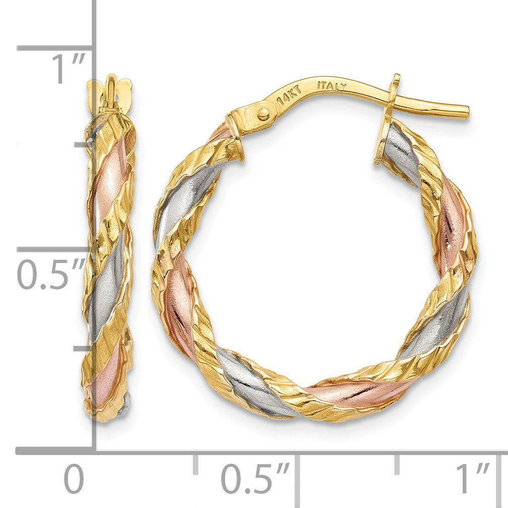 14K with White & Rose Rhodium Textured Twisted Hoop Earrings
