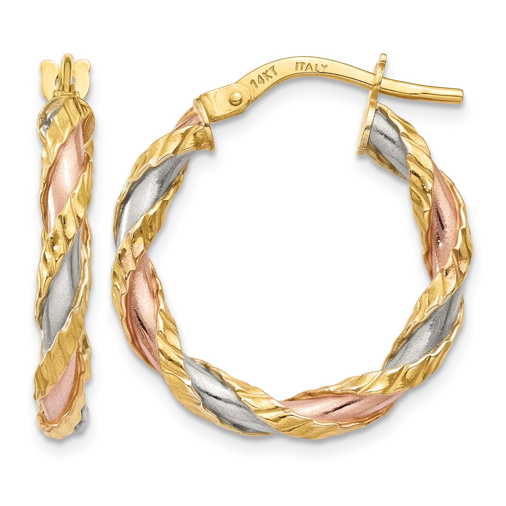 14K with White & Rose Rhodium Textured Twisted Hoop Earrings