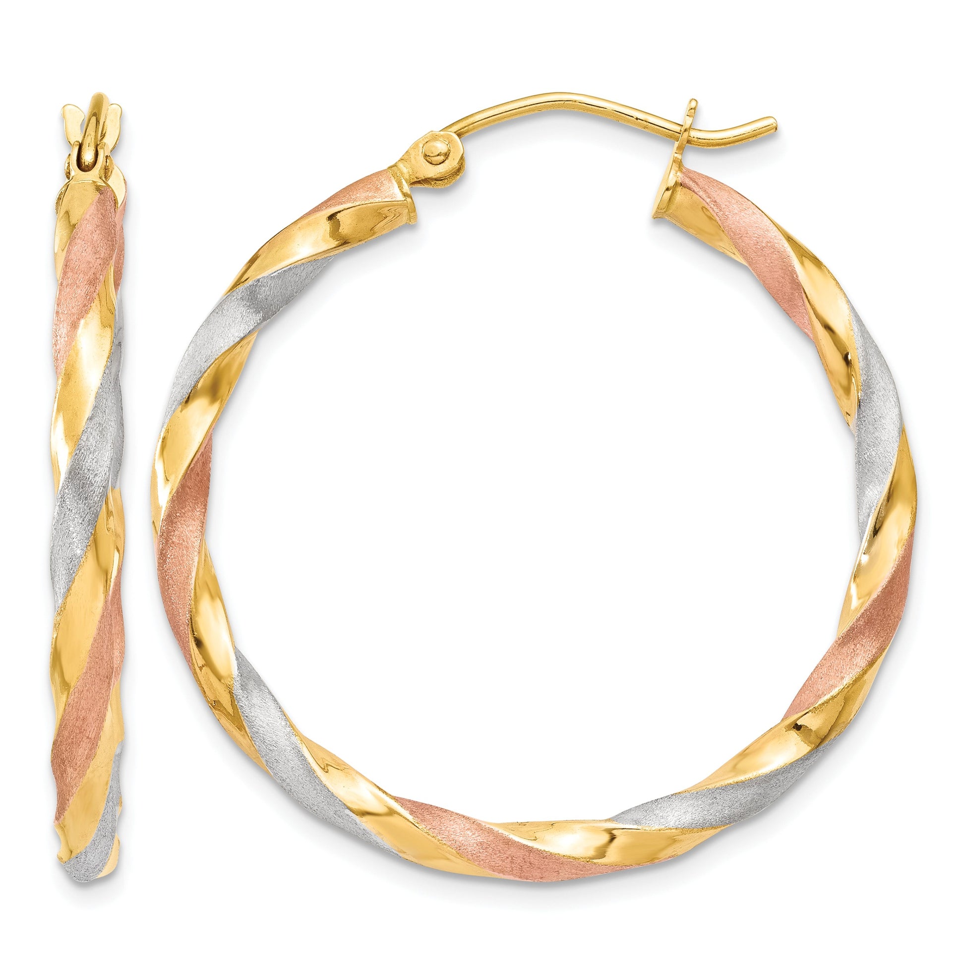 14k White & Rose Rhodium Satin Twisted Hoop Earrings