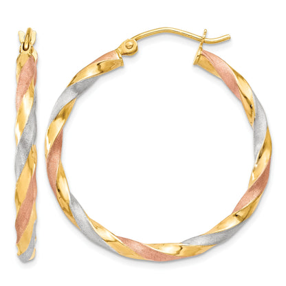 14k White & Rose Rhodium Satin Twisted Hoop Earrings
