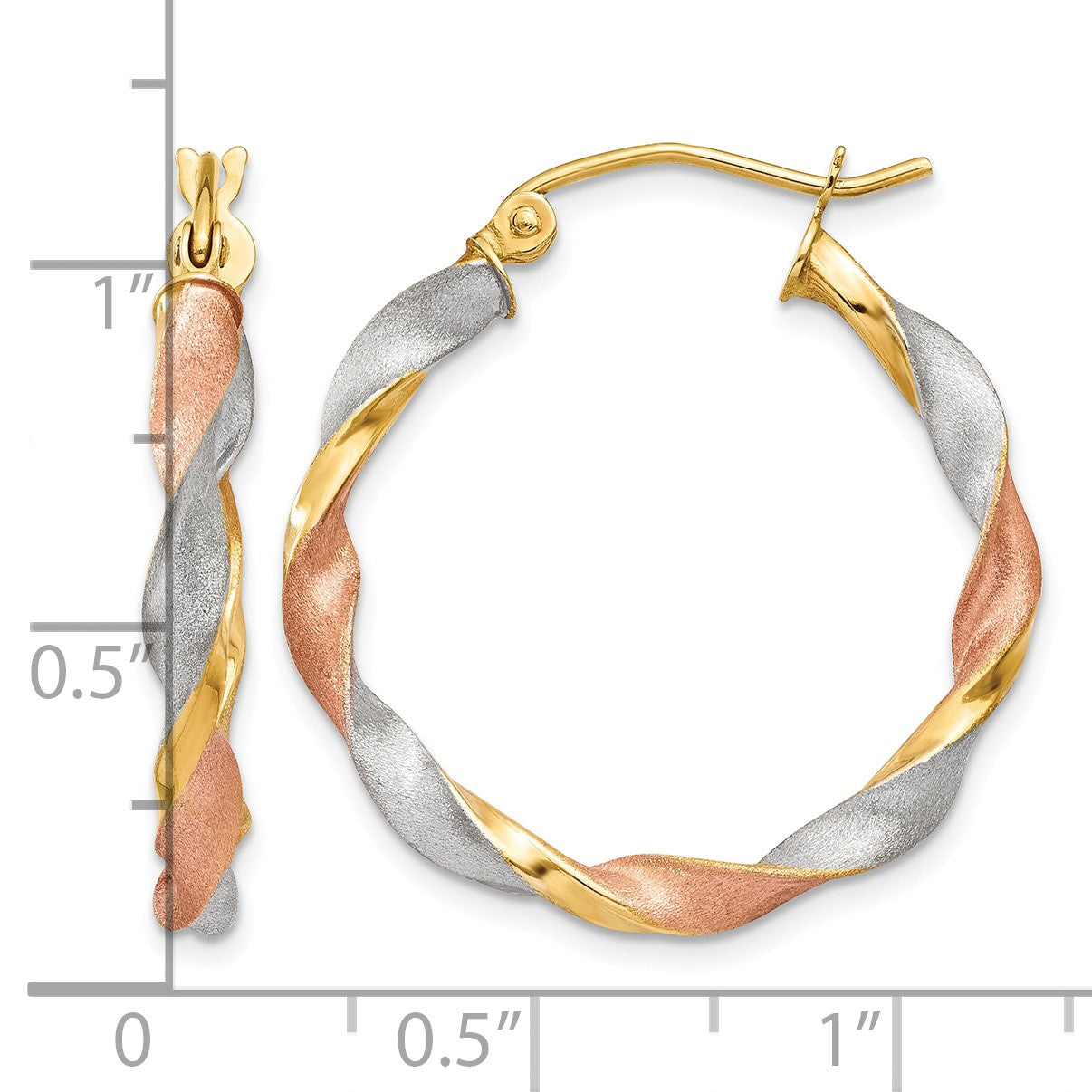 14ky White & Rose Rhodium Satin Twisted Hoop Earrings