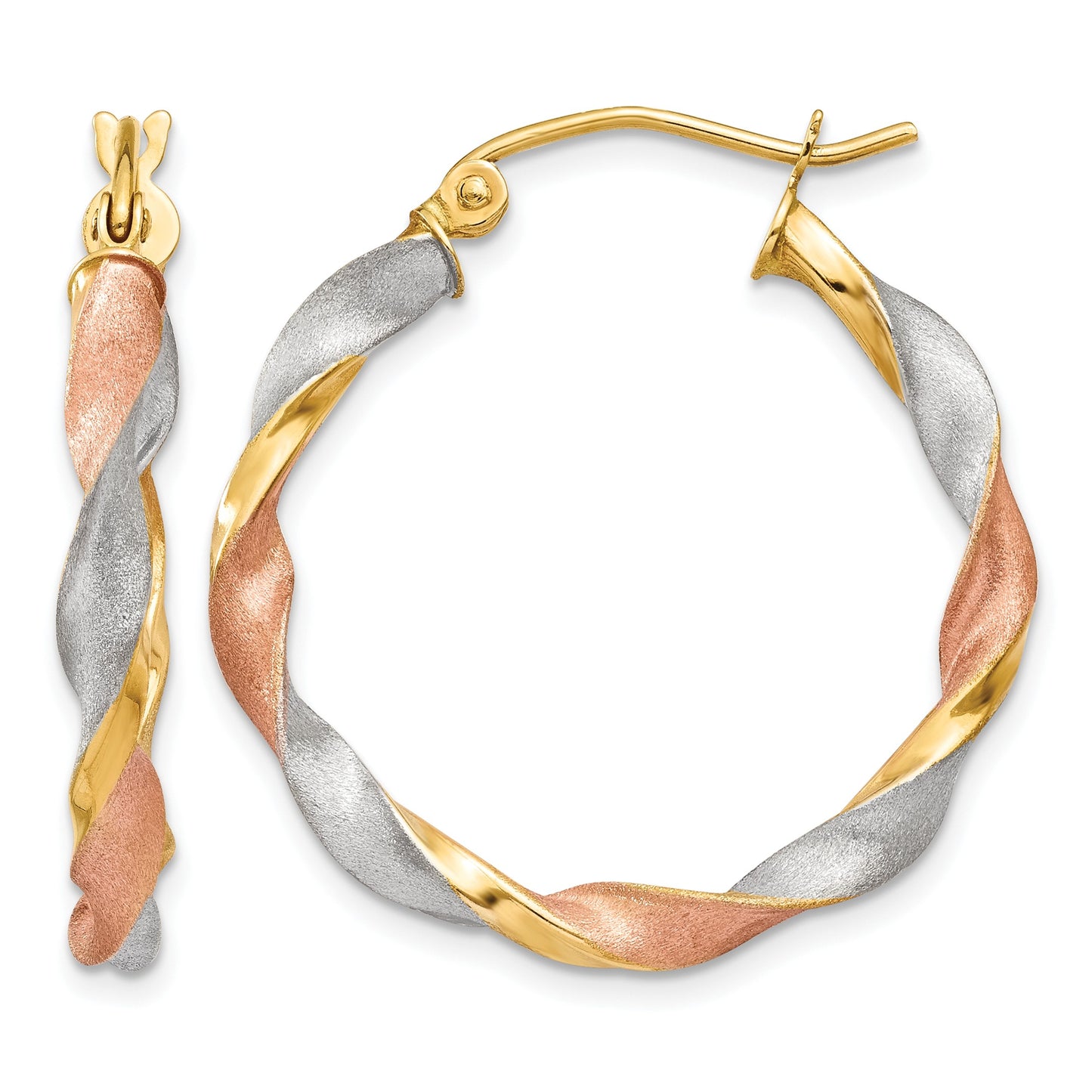 14ky White & Rose Rhodium Satin Twisted Hoop Earrings