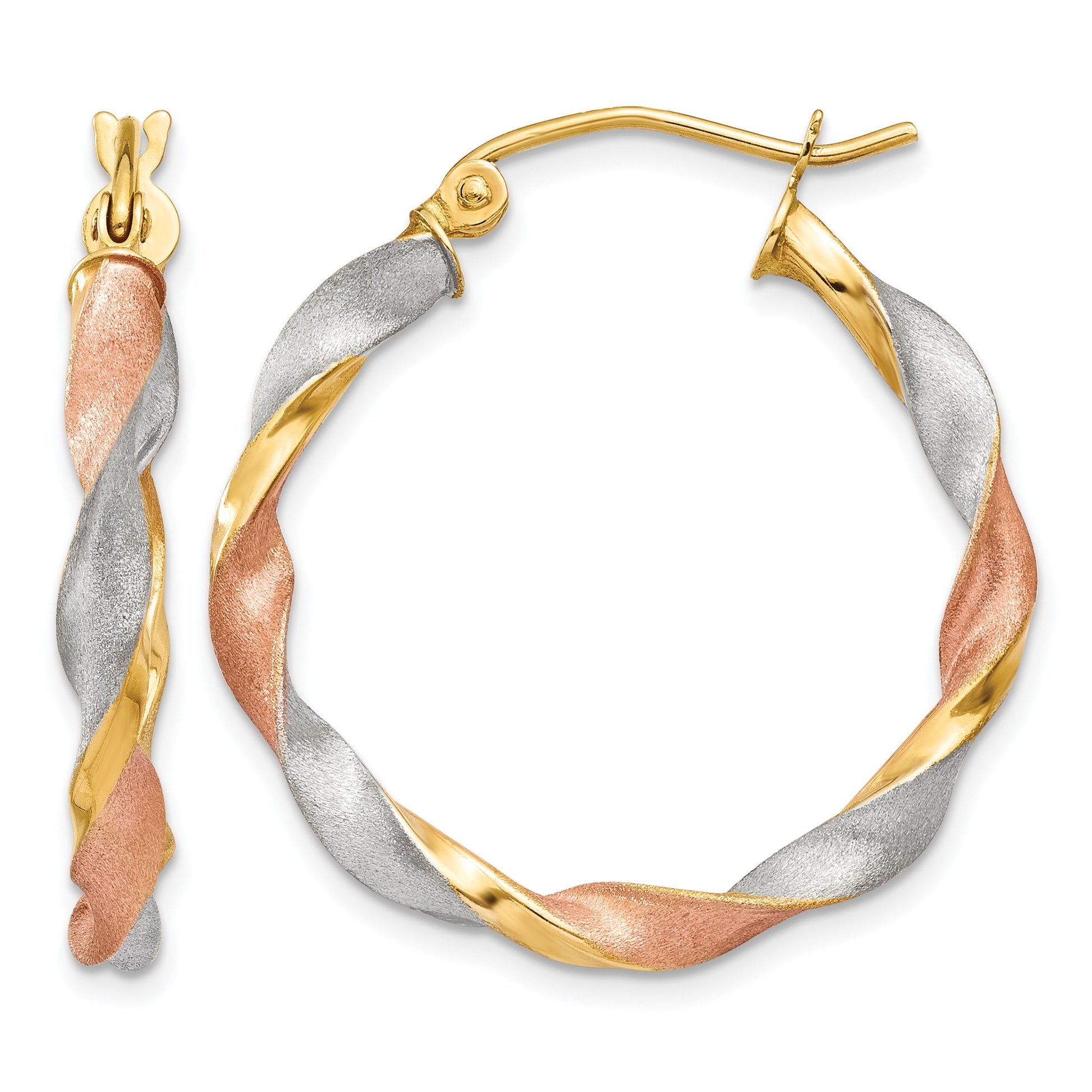 14ky White & Rose Rhodium Satin Twisted Hoop Earrings