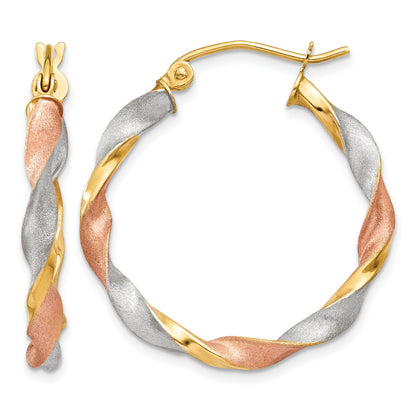 14ky White & Rose Rhodium Satin Twisted Hoop Earrings